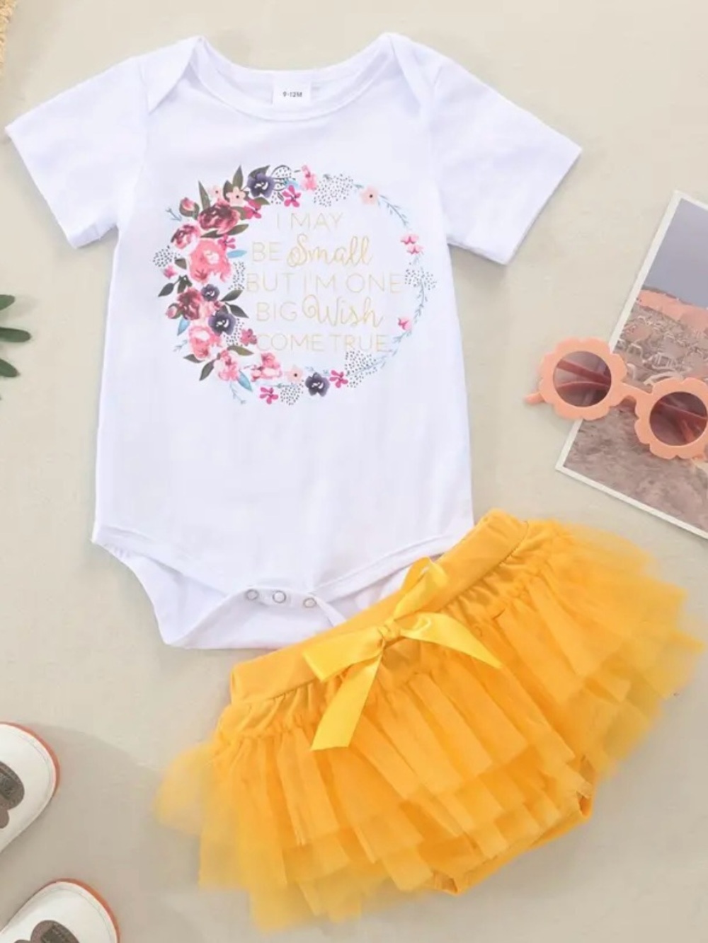 White Floral Baby Bodysuit with Yellow Tulle Skirt